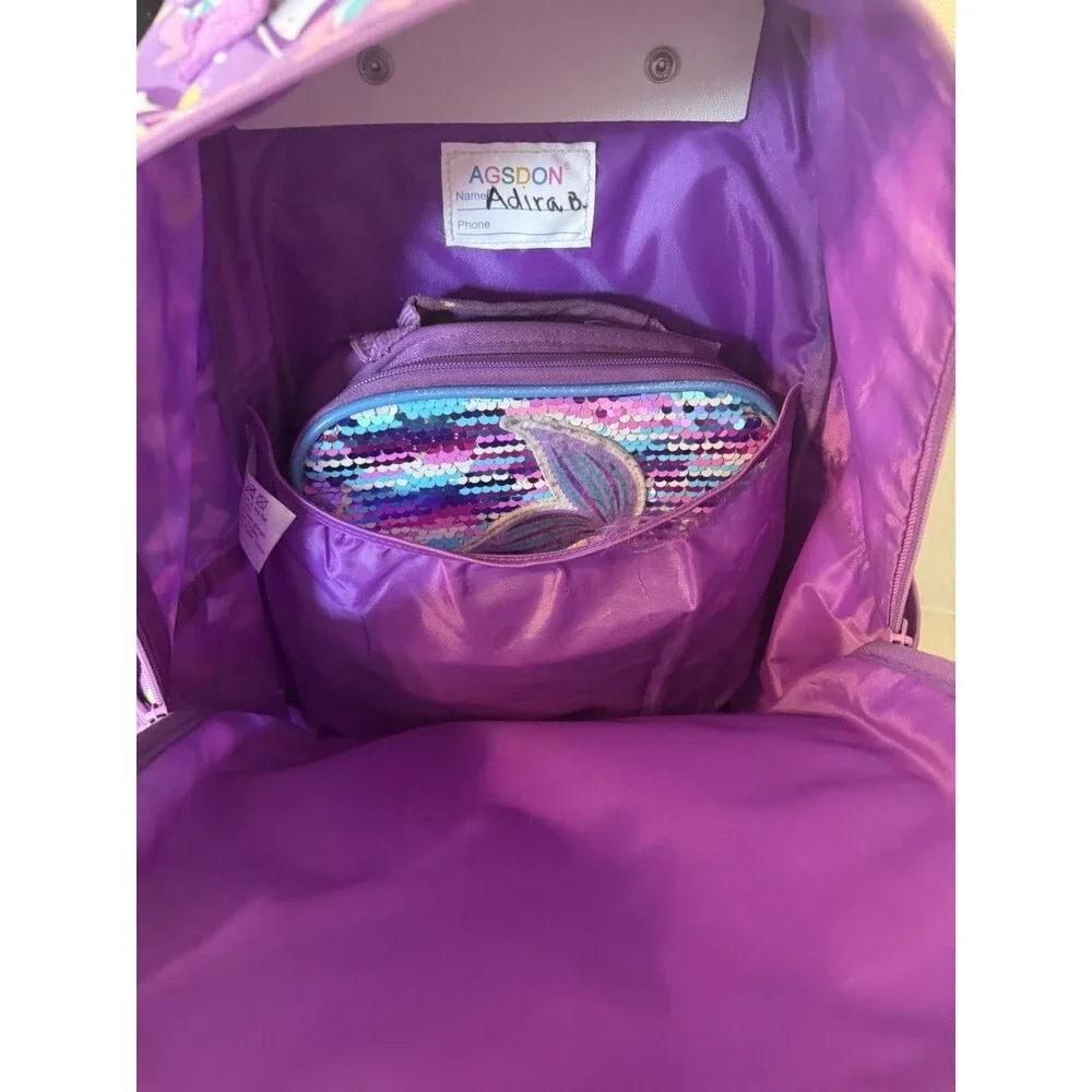 Girls Purple Mermaid Sequin Rolling Backpack Set w/ Lunch Bag & Pencil Case